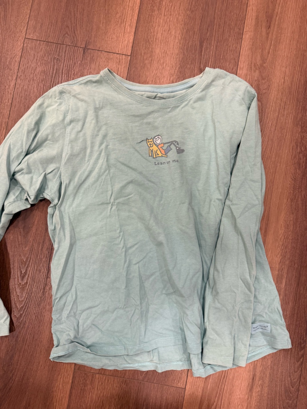 Life is good lean on me  Long Sleeve Tee in Light Sage with Cat Graphic